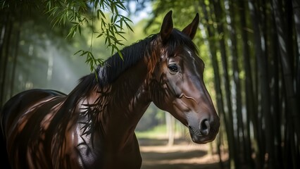 Fototapeta premium Majestic Horse Portrait Amidst Bamboo Forest, Symbolizing Lunar New Year Blessings and Prosperity