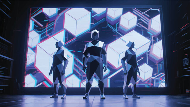 Illustration Of A Geometric Robot Standing In Front Of A Giant Polygon Screen Displaying Abstract Digital Dimensions Vector Design Template