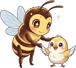 Cute cartoon bee and chick friends illustration.