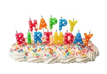 Vibrant, lit birthday candles spelling 'Happy Birthday' with white stars on creamy white frosting and rainbow sprinkles, against a transparent background with copy space, joyful celebration atmosphere