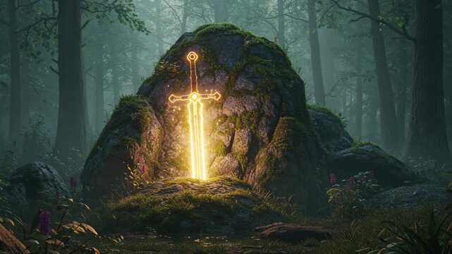 Sword in the Stone: A luminous sword is embedded in a moss-covered stone, emanating a mystical glow within a serene forest, symbolizing power and legend.