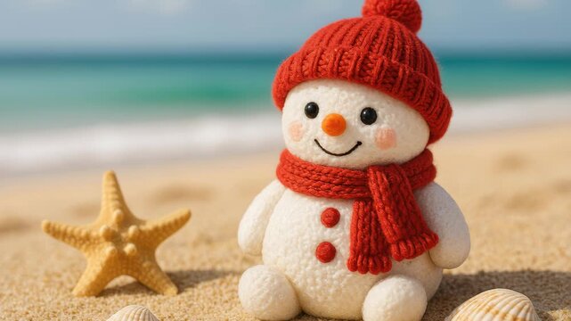 Summer Snowman's Seaside Serenity: a cheerful snowman, clad in a cozy winter ensemble, rests on a sun-kissed beach alongside a starfish and seashells.