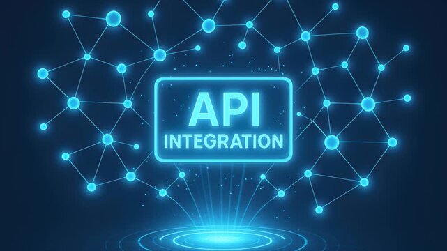 API Integration Conceptualized: This image depicts a digital interface where data streams converge. The words API INTEGRATION are displayed, showing the concept of systems connecting.