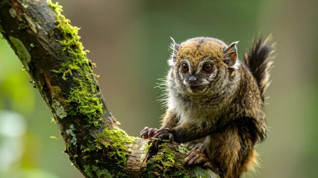 A small primate with brown fur sits on a mossy branch, looking directly at the viewer
