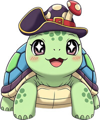 Cute cartoon turtle wearing a whimsical mushroom hat.