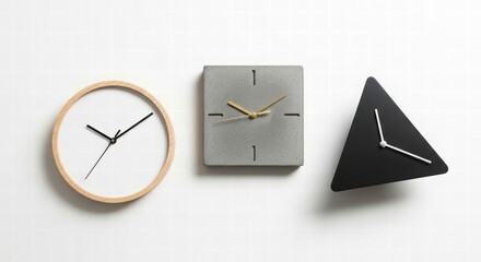 Three Timepieces: An array of three minimalist clocks with distinct shapes, each elegantly marking the passage of time. The scene is presented simply, the focus is on the object and its form.
