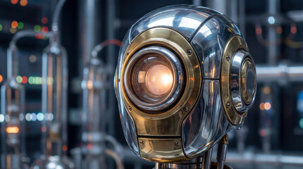 Close-up of a metal robot head with a large glowing camera lens instead of an eye