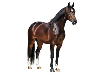 Obraz premium Majestic bay horse with glossy deep brown coat, black mane, white socks, and star, standing poised against a transparent studio cyclorama, concept of perfection and beauty