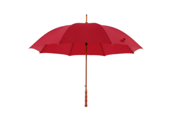 Vibrant cherry red umbrella with polished mahogany handle, taut canopy, on transparent background with high-key lighting, captured from high angle with no shadows, ideal for commercial product