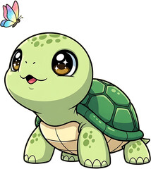 Cute cartoon baby turtle with big eyes and a butterfly.