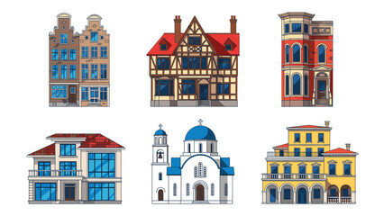 Naklejka premium Collection of different style buildings and church