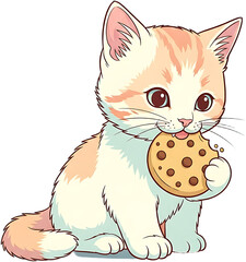 Cute cartoon kitten eating a chocolate chip cookie.