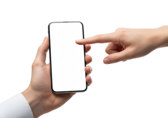 Well-groomed, gender-neutral hands poised to interact with a sleek modern smartphone with a blank white screen, on a transparent background with copy space, no shadows, professional digital technology