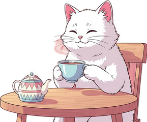 Cute white cat enjoying a cup of tea at a table.