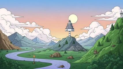 Serene Landscape with Tower and River.