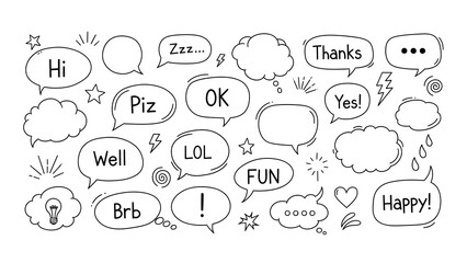 Collection of hand drawn speech bubbles and emoticons
