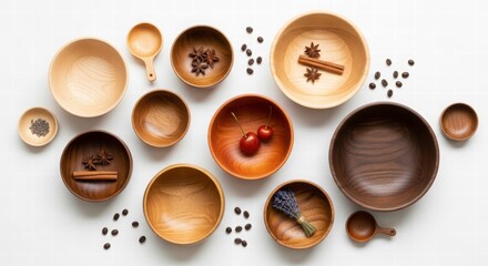 Obraz premium Wooden Bowls: A diverse arrangement of wooden bowls, spoons, and scattered spices showcases the art of craftsmanship and the beauty of natural materials.