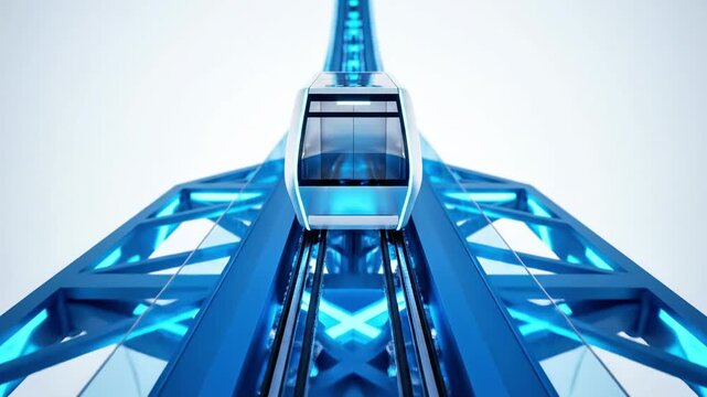 A futuristic, low-angle view of a sleek, blue monorail train traveling on an elevated track with a complex framework