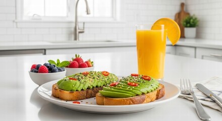 Breakfast Delight: A vibrant breakfast spread featuring avocado toast, fresh berries, and a refreshing glass of orange juice on a pristine countertop, a perfect way to start the day.