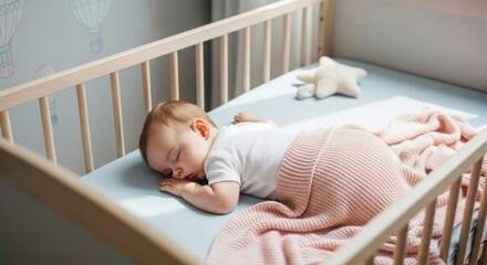 Serene Slumber: A peaceful infant sleeps soundly in a cozy wooden crib, nestled beneath a soft, pastel-colored blanket and a plush star, enveloped by a sense of calm and safety.