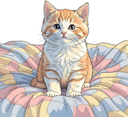 Adorable Orange Tabby Kitten Sitting on a Colorful Blanket.