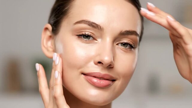 A woman gently touches her face, showcasing fresh, smooth skin and soft makeup