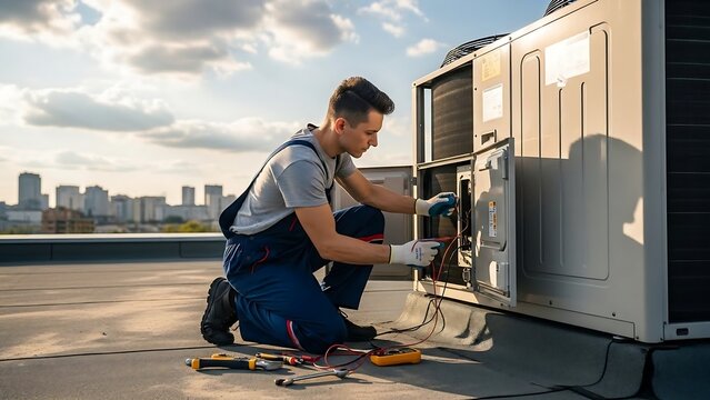 Technician Servicing Air Conditioning Unit on Rooftop.