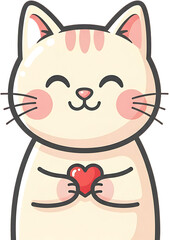 Cute cartoon cat holding a red heart with love and happiness.