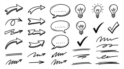 Grunge hand drawn scribble set. Messy arrows, speech bubbles, ideas, and cross marks sketch texture