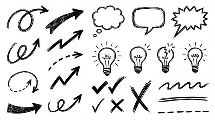 Hand drawn design elements set. Arrows, speech bubbles, light bulbs, and check marks doodle collection