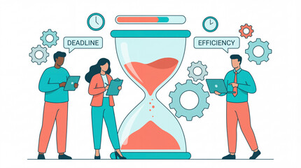 Business team working with large hourglass and gears. Deadline, efficiency, and time management concept vector illustration