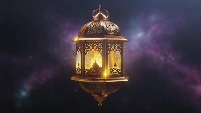 The Cosmic Fanous Beacon of the Month
A cosmic assembly of a giant high-tech golden lantern made of frozen light and holographic fractals in a violet nebula.