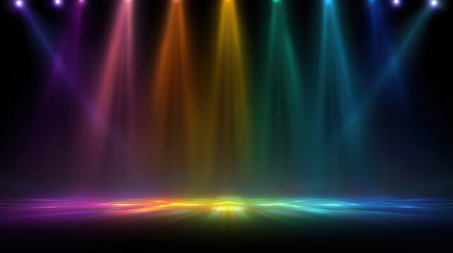 Multicolored stage lights with a rainbow effect, creating a vibrant, dynamic performance backdrop for concerts or theater events.