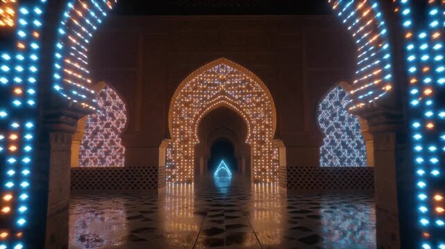The Digital Maghreb Zellige in Motion
A futuristic reimagining of Moroccan architecture where Zellige tiles become glowing micro-LEDs and arches are made of neon light.
