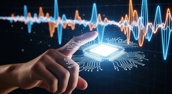 Futuristic Human Hand Touching Glowing Microchip with Digital Data Waves and Analytics Background - Powered by Adobe