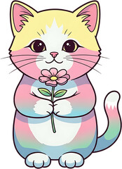 Cute cartoon cat holding a pink flower with rainbow colors.