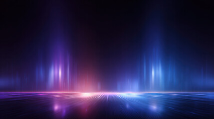 Abstract futuristic background with vibrant neon lights, glowing rays, and reflective surfaces, evoking cyberpunk ambiance with dynamic color gradients.