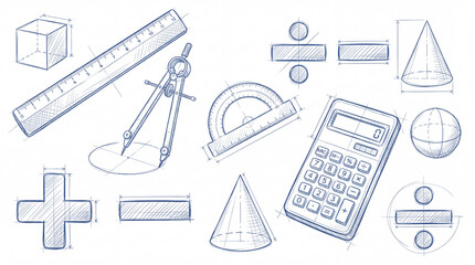 Math and geometry education blue sketch set. Ruler, compass, calculator, and geometric shapes blueprint doodle