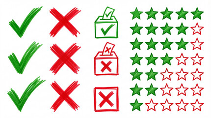 Voting and rating marker sketch set. Checkmark, cross X, ballot box, and five star review doodle icons