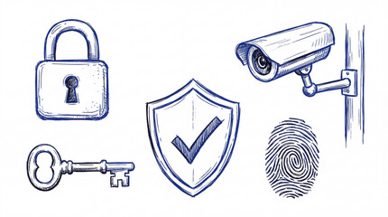 Security and protection sketch icons. Padlock, cctv camera, shield, key, and fingerprint safety concept