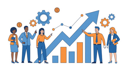 Business team pointing at rising growth arrow and bar chart. Financial success, teamwork, and progress concept.
