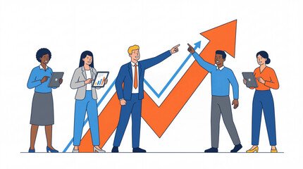 Diverse business team pointing at upward growth arrow. Financial success, progress, and teamwork concept vector illustration