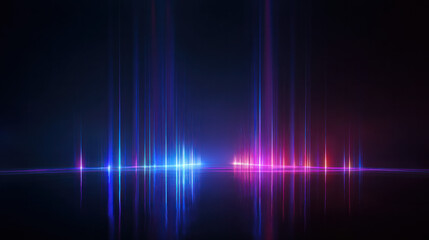 Abstract digital art with vertical neon light rays in blue and pink hues, reflecting on a dark background. Futuristic, vibrant, and minimalist design for tech/visual concepts.