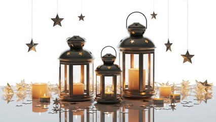Three metal lanterns with candles and stars