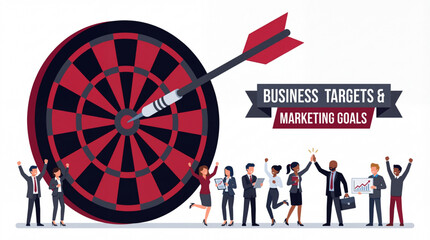Business team celebrating hitting target bullseye. Marketing goals and achievement concept vector illustration