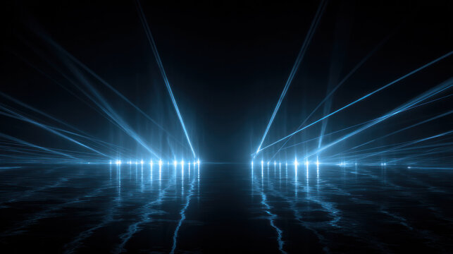 Abstract dark background with blue laser beams, light reflections on water surface, futuristic digital technology concept, cyber neon illumination, and virtual space atmosphere.