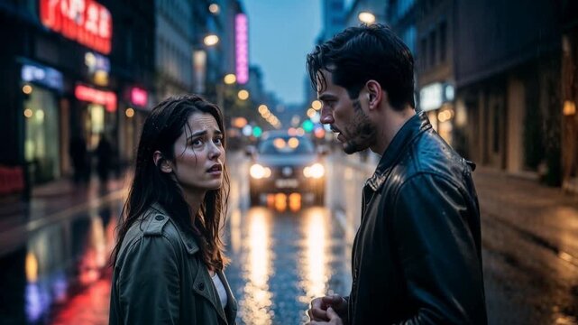 Emotional couple in crisis having dramatic conversation on rainy urban street at night with cinematic lighting and melancholic atmosphere. Young man and woman talking.
