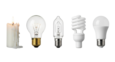 Five evolving light sources: pillar candle, incandescent, halogen, CFL, LED bulbs, on a transparent studio background. Concept of lighting technology evolution