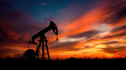 Oil Pumpjack Silhouette Against a Fiery Sunset Sky Energy Industry