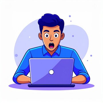 Shocked creative male employee working on laptop, amazed young man looking at computer screen with open mouth, 2.5D cartoon vector illustration of surprised reaction.